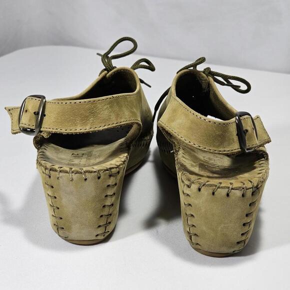 Vintage La Plume Women's Leather Slingback Lace Up Peep Toe Sandal Size 5 Olive - Picture 7 of 8